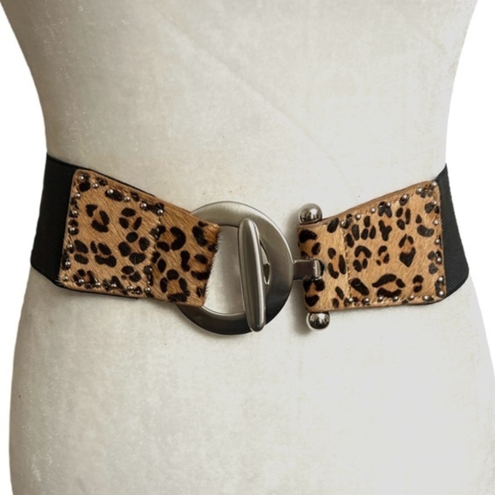 Leopard Print Calf Hair Style Stretch Belt Silver toned Hardware